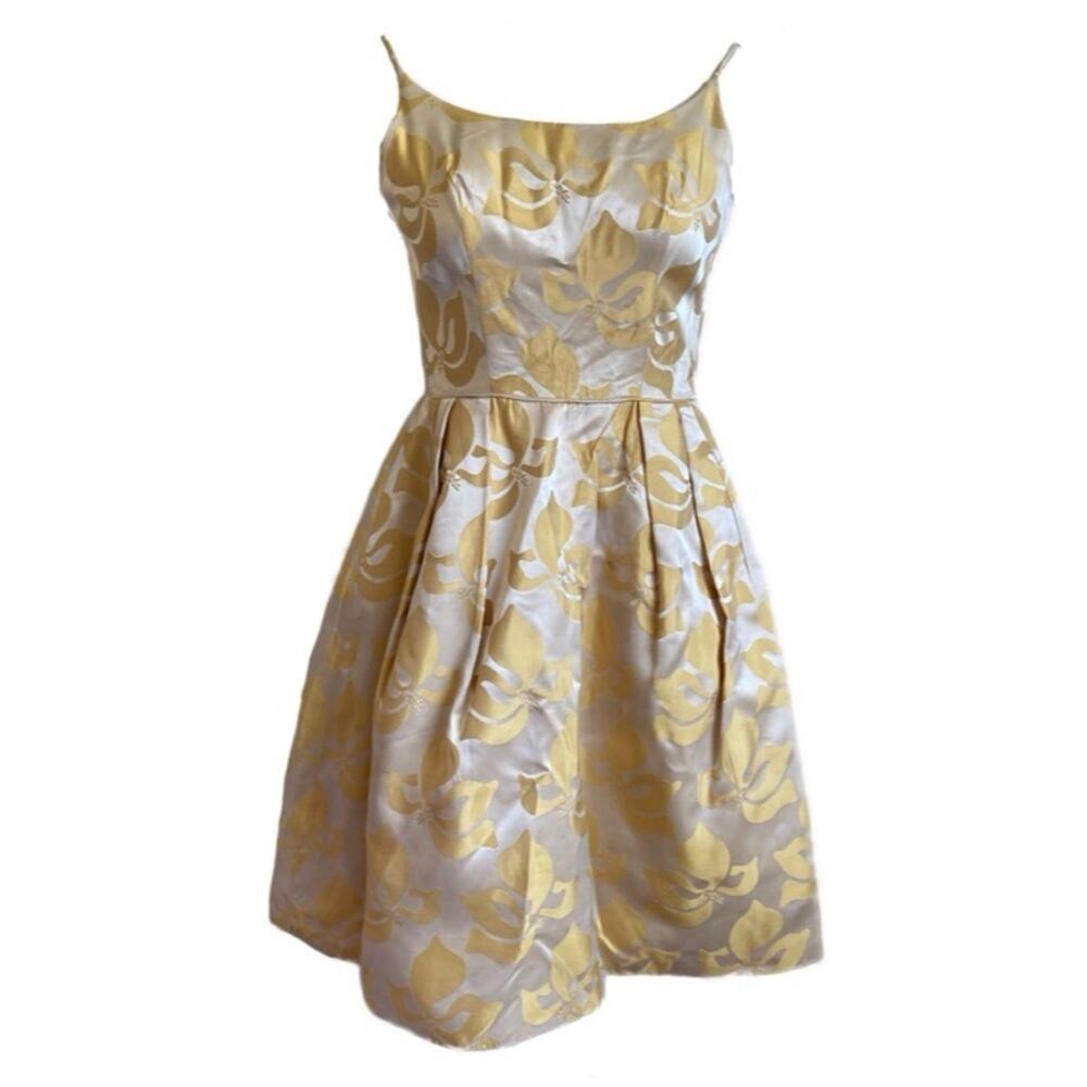 Vintage Yellow Brocade Floral Spaghetti Strap Cocktail Dress 50s